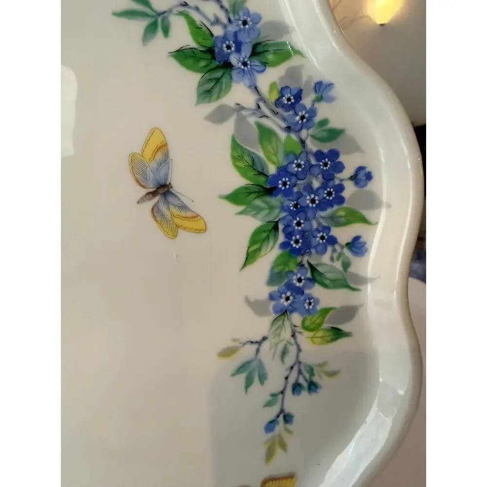 Limoges France Porcelain Scalloped Plate Blue Flowers Butterflies Floral Cabinet